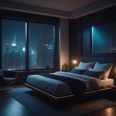 Nocturnal Haven: Luxurious Bedroom Bathed in Night Glow