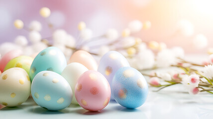 Fototapeta na wymiar Easter eggs painted in pastel colors with spring flowers.