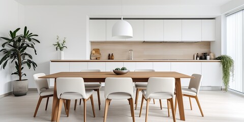 Contemporary apartment with white walls featuring kitchen dining area with wooden table and chairs.