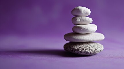 Stone Balancing. Balancing rocks on purple background. Stacking. Rocks are piled in balanced stacks
