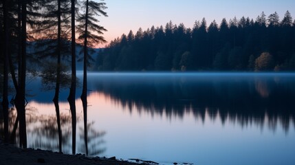 Tranquil lake in the forest during the blue hour