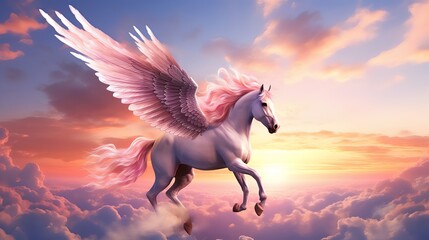 Pink Pegasus in the clouds at sunset