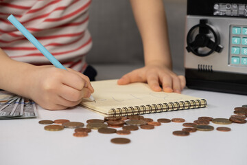A preschooler child records and calculates financial expenses. Literacy for children, coins.