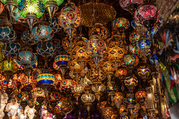 Traditional glass oriental lamp at a market or bazaar as gift, souvenir or object of decoration