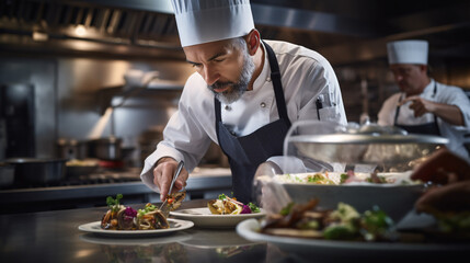 Award-winning color photo of a chef passionately preparing gourmet fine dine dish