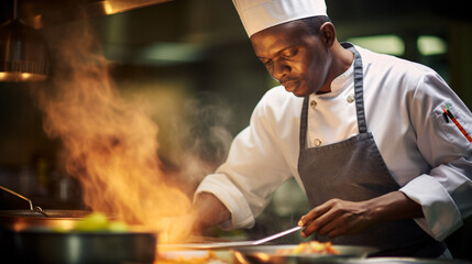 Award-winning color photo of a chef passionately preparing gourmet fine dine dish
