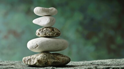 Stone Balancing. Balancing rocks on green background. Stacking. Rocks are piled in balanced stacks
