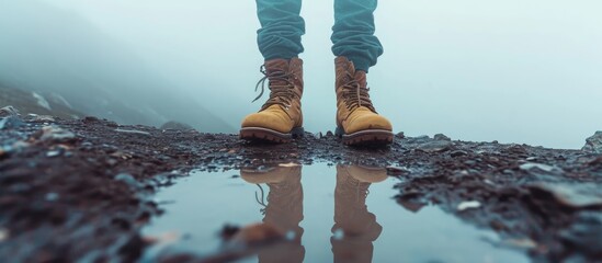 Male tourist's legs in boots in mountain puddle, with foggy sky backdrop. - obrazy, fototapety, plakaty