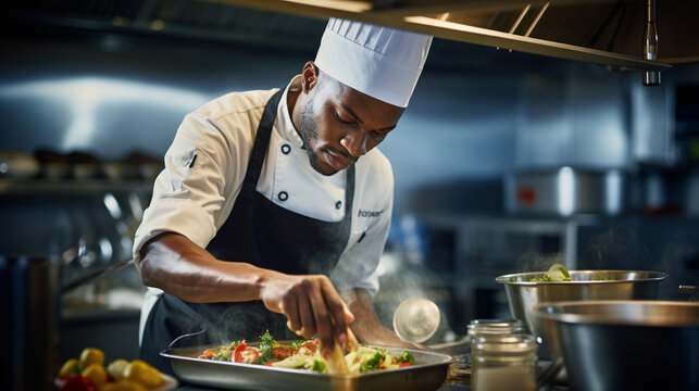 Award-winning color photo of a chef passionately preparing gourmet fine dine dish