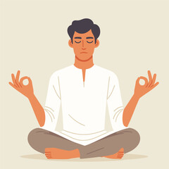 flat illustration of relaxed happy young man makes zen gesture meditates in pose lotus indoor breathes deeply practices yoga to feel relaxed. concept of harmony, meditation, calmness, acceptance