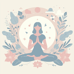Obraz na płótnie Canvas flat illustration of relaxed happy young woman makes zen gesture meditates in pose lotus outdoor breathes deeply practices yoga to feel relaxed. concept of harmony, meditation, calmness, acceptance