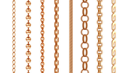 Gold chain. Golden bracelet pattern. Baroque expensive rope for necklace strength stripe. Jewelry border ornament. Shiny precious metal links. Luxury accessory. Vector jewel frames set - obrazy, fototapety, plakaty