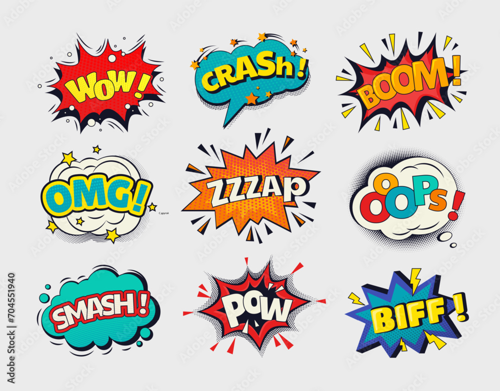 Poster comic boom. pop art effect. speech bubble. bang cloud. wow balloon. onomatopoeia patterns. bomb burs