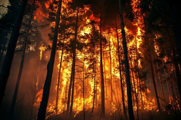 A beautiful wild forest on a mountain, engulfed in fire with a lot of smoke