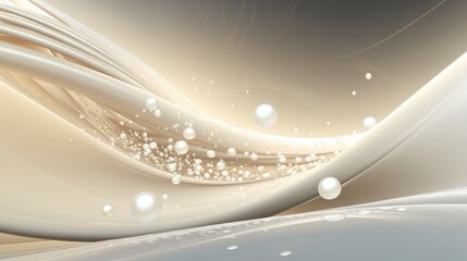 An abstract wave pattern with sparkling particles and glowing orbs against a soft gradient background