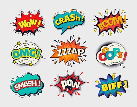 Comic boom. Pop art effect. Speech bubble. Bang cloud. Wow balloon. Onomatopoeia patterns. Bomb burst. OMG and Oops retro stickers. Vector cartoon sound or crash funny elements set