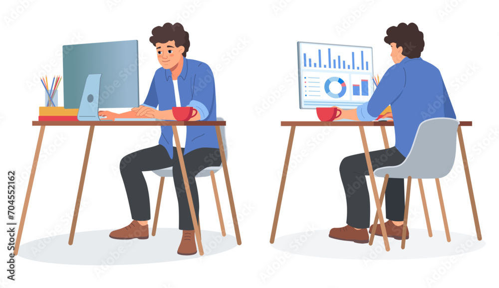 Poster man working in office. worker at table. laptop on desk. person in front or back. business character.