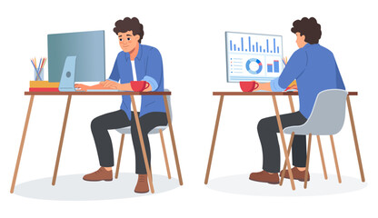 Man working in office. Worker at table. Laptop on desk. Person in front or back. Business character. People sitting on chair. Computer on desktop. Managers workplace. Vector illustration - obrazy, fototapety, plakaty