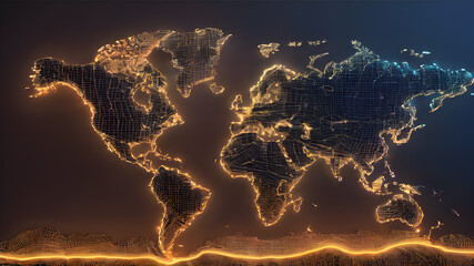  Polygonal mesh network map of world of lines and points, dots and connections. AI generated image, ai