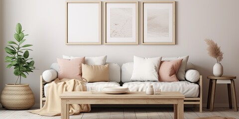 Cozy living room with simulated poster frame, modular sofa, wooden bench, white pouf, stylish...