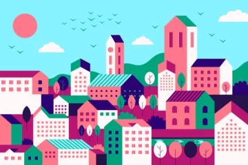  Geometric city landscape. Graphic building pattern. Town homes. Cityscape with tree and house blocks. Summer panorama. Trees on hill. Minimal scenery. Architecture vector flat design © SpicyTruffel