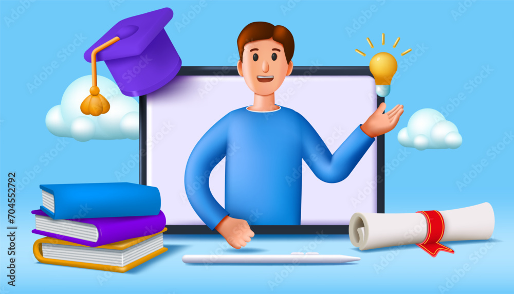 Poster 3D teacher. Student training online. People character on English course or class in computer. Render laptop and books stack. University education. Graduate diploma. Vector concept icon