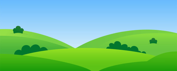 Simple landscape of green meadows and fields. Warm summer landscape in flat style for design.