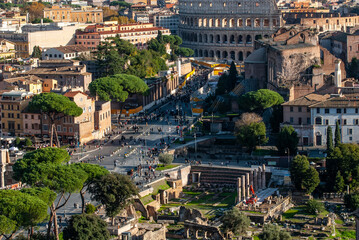 Coliseum and Roman Forum view from the Altar of the Fatherland, Rome, Italy, Europe
Traffic at Piazza Venezia Square central Rome, Italy, Europe
