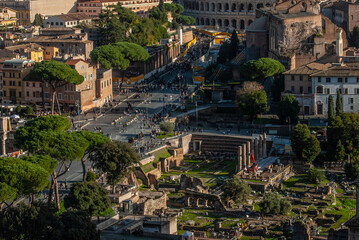 Coliseum and Roman Forum view from the Altar of the Fatherland, Rome, Italy, Europe
Traffic at...