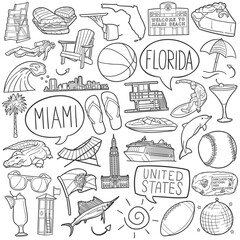Fototapeta premium Miami Doodle Icons Black and White Line Art. Florida Clipart Hand Drawn Symbol Design.