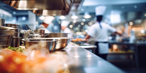 Blurry background of contemporary restaurant kitchen, limited focus depth.