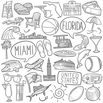 Miami Doodle Icons Black and White Line Art. Florida Clipart Hand Drawn Symbol Design.