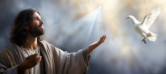 Jesus Christ with a dove. The concept of God, The Symbol of the Holy Spirit. Banner