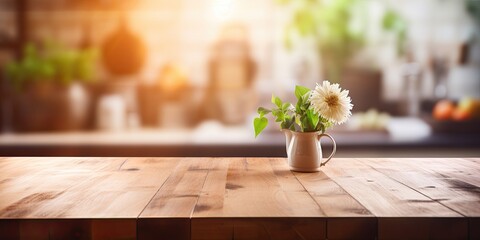 Blurred kitchen background with wooden table top