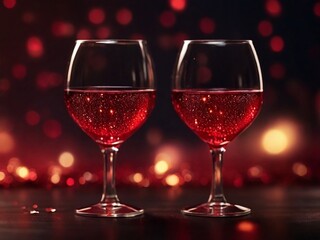 An invitation concept features two glasses set against a romantic bokeh background, creating an inviting atmosphere for a Valentine's dinner celebration with ample copy space.