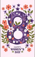 An elegant Women's Day illustration features flower decorations around the number 8, creating a feminine and festive concept for the celebration on February 8.