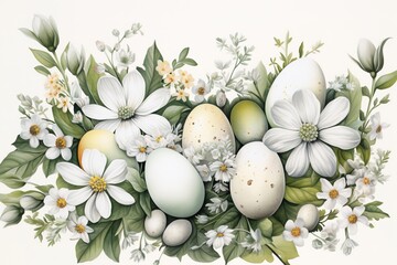 Naklejka na ściany i meble Easter eggs in the grass and flowers