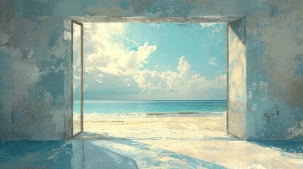 Coastal living, abstract depiction of a beach house with open windows to a sea view - obrazy, fototapety, plakaty