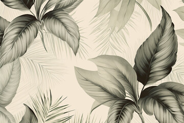 Boho style wallpaper, vintage botanical illustration of tropical leaves - obrazy, fototapety, plakaty