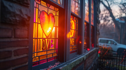 Vibrant Stained Glass Window with Typographic Love Message in Church