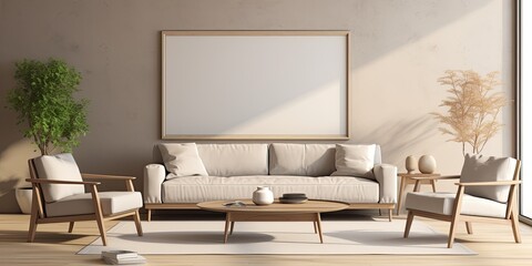 Stylish living room decor with a mock-up painting, grey sofa, window, armchair, and personal items, all in beige tones.