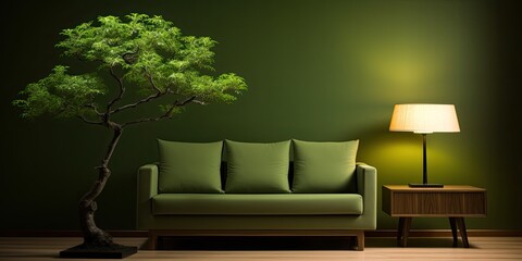Sofa, lamp, and green tree in living room