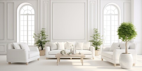 Spacious white living room with furniture and decor.