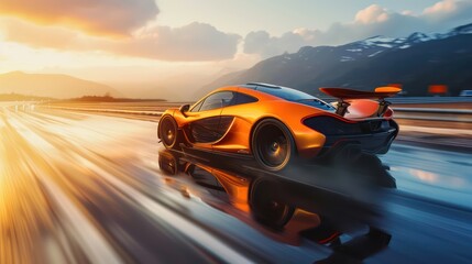 A mesmerizing sports car wallpaper capturing motion blur, dynamic reflections, a sense of speed, and cinematic flair, highlighting the essence of the sports car - obrazy, fototapety, plakaty