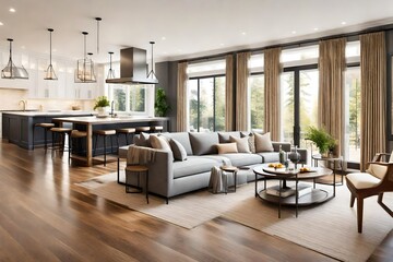 Beautiful living room interior with hardwood floors, view of kitchen and dining room in new luxury home 
