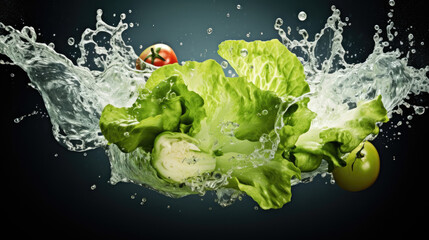 Smooth Fresh organic raw Lettuce leaf Vegetables falling into water and splashes