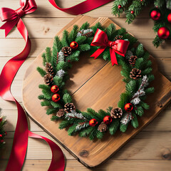 amazing green Christmas wreath decorated with red balls, pine cones, a rustic ribbon lies on a wooden table.