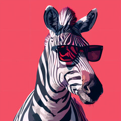 A zebra donning sunglasses, positioned against a solid-colored background, depicted in vector art with a digital, faceted, minimal, and abstract aesthetic.