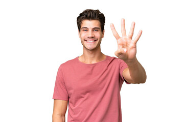 Fototapeta premium Young handsome caucasian man over isolated background happy and counting four with fingers