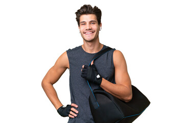 Fototapeta na wymiar Young sport caucasian man with sport bag over over isolated background posing with arms at hip and smiling